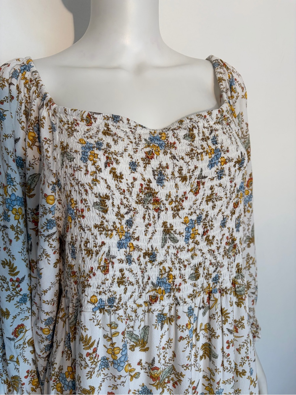 #875 a.n.a BoHo White Floral Smocked Maxi Dress with Blue and Yellow Blossoms - Picture 2 of 11